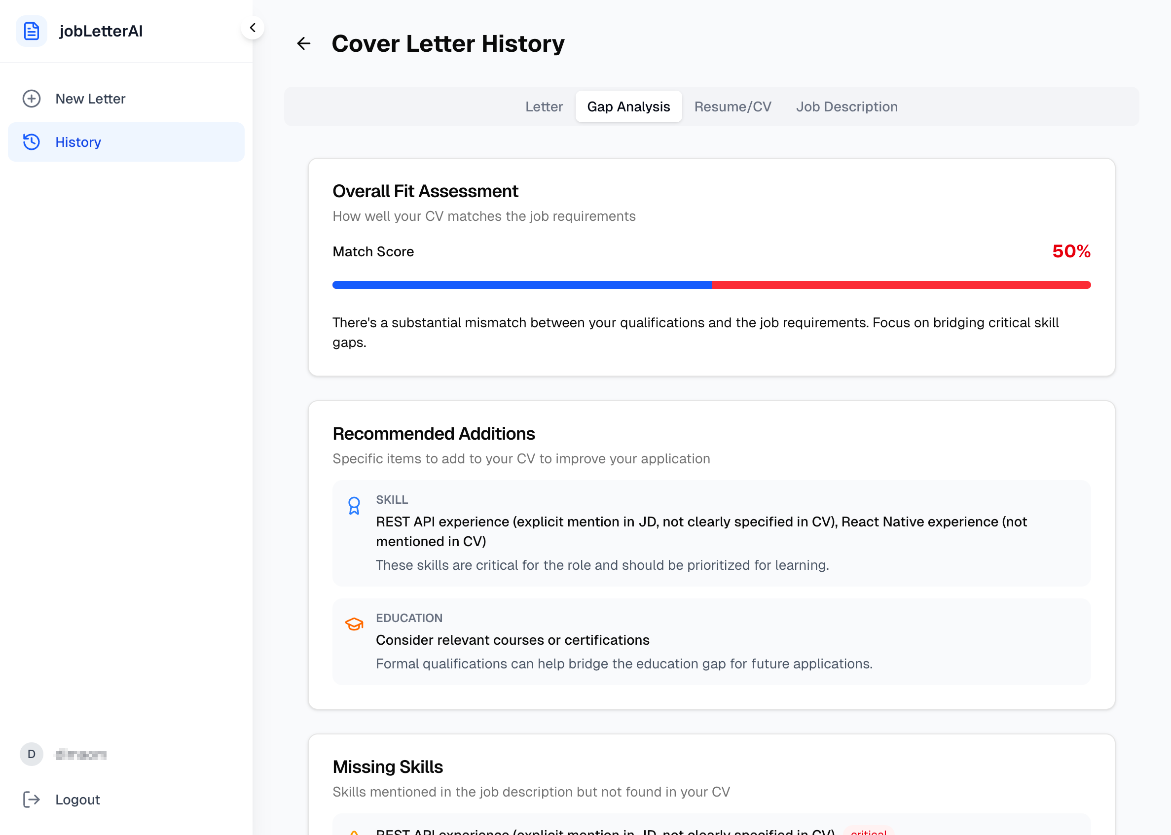 Gap Analysis Interface Mockup
